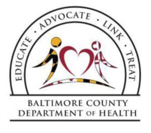 Baltimore County Department of Health logo: an arc of text reading 'Educate · Advocate · Link · Treat' above a stylized illustration of two figures forming a heart shape between them, in maroon, gold, and black. Below, the text 'Baltimore County Department of Health' appears above a horizontal double line.